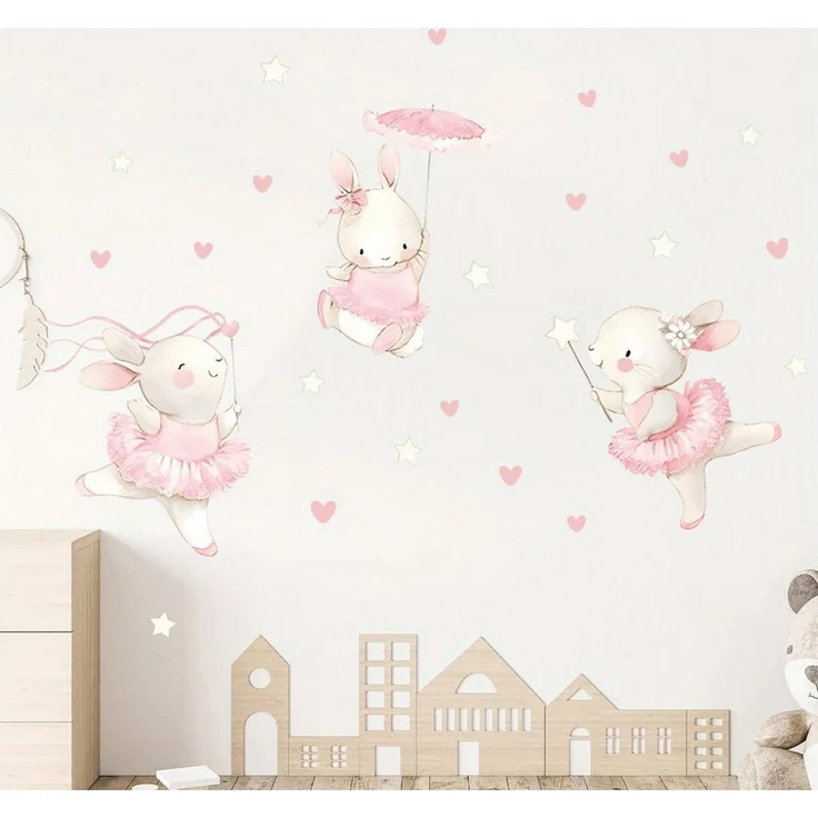 Montegoni Wandtattoo Kinder Tier Wandsticker (Dekoration Kindergarten Heimdekoration, Wandaufkleber mit Kaninchen tanzen Herz Möbel), Wandtattoo für Mädchenzimmer, Babyzimmer – Bild 3