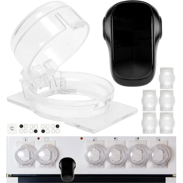 Herd Kindersicherung Set, für 6 Knöpfe, transparenter Kleber, mit Backofentür Babysicherung in Schwarz, für max. Ø 4,9 cm und 4 cm hohe Herdknöpfe mit min. 6,1 cm Abstand Mitte-Mitte, Herdschutz Kit – Bild 1