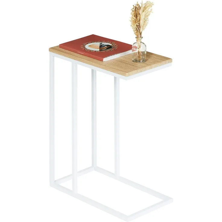 IDIMEX Beistelltisch Debora, praktischer Wohnzimmertisch in C-Form, schöner Couchtisch Tischplatte rechteckig in Sonoma Eiche, eleganter Sofatisch mit Metallgestell in weiß