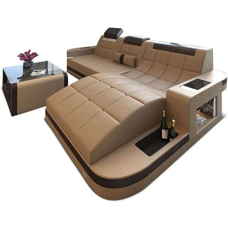 Mini Ecksofa Wave L Form aus Leder - Büffelleder - sandbeige-dunkelbraun - Rechts – Bild 1