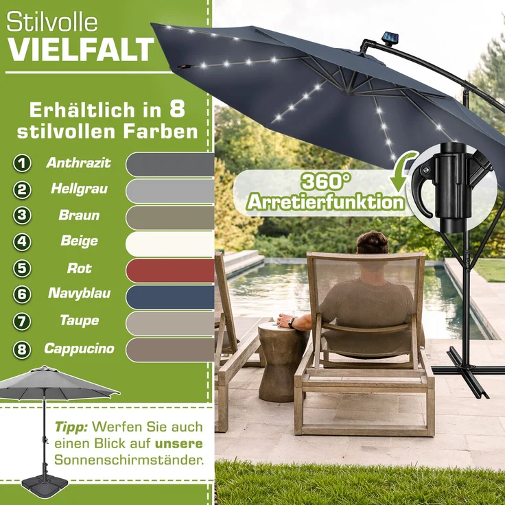 tillvex Alu Ampelschirm Blau LED Solar Ø 300 cm mit Kurbel | Sonnenschirm mit An-/Ausschalter | Gartenschirm UV-Schutz Aluminium | Kurbelschirm mit Ständer Marktschirm wasserdicht – Bild 5