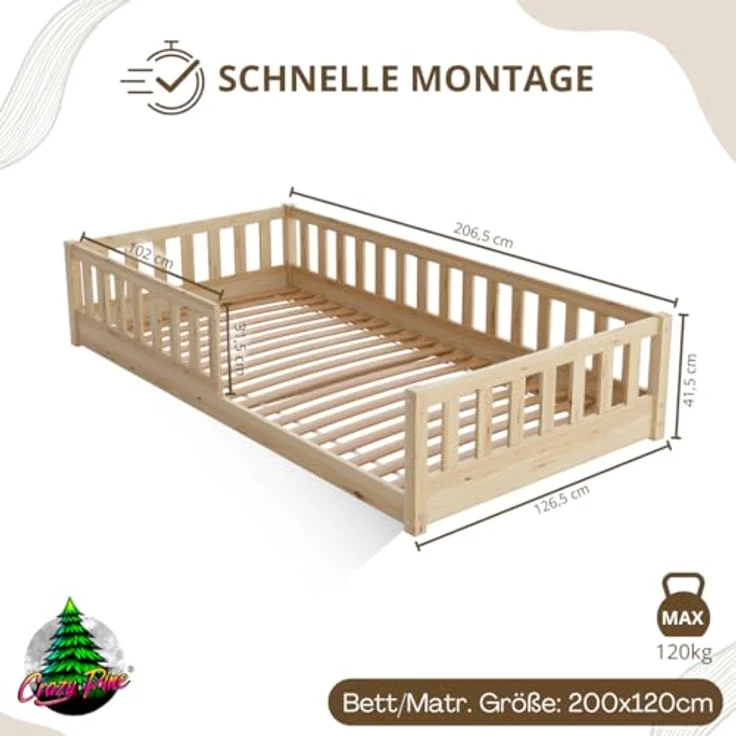Crazy Pine 'Crazy Basic' Kinderbett mit Rausfallschutz, Skandinavisches Design, Holz, Natur, 120x200 cm, ohne Beine – Bild 3