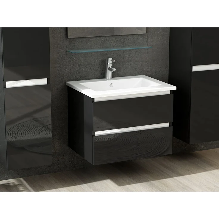 Homeline Badmöbel Set mit Schubladen Glas ablage (Marcel Schwarz, 60 cm 1x Hochschrank) – Bild 3