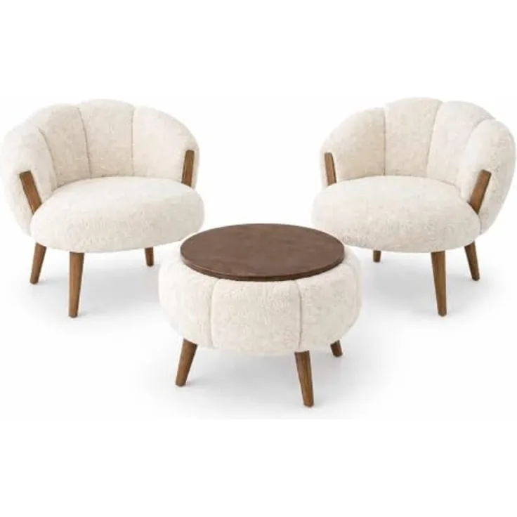 Hanah Home Elegantes 3-teiliges Ohrensessel- und Couchtisch-Set, Creme | 100% melaminbeschichteter, superweicher Stoff | Modernes Design