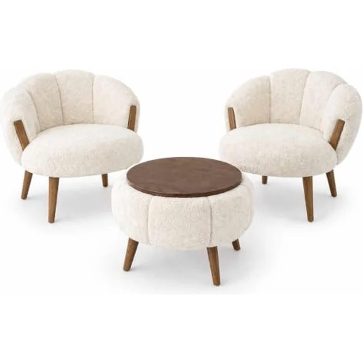 Hanah Home Elegantes 3-teiliges Ohrensessel- und Couchtisch-Set, Creme | 100% melaminbeschichteter, superweicher Stoff | Modernes Design – Bild 1