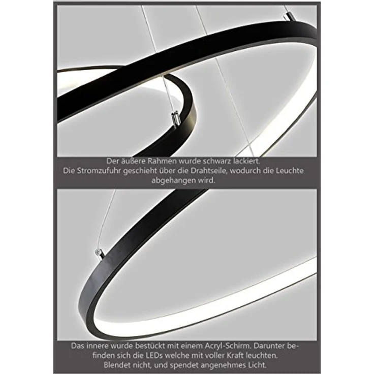 Eurotondisplay LED Pendelleuchte 2130Black, 3 Ringe 40*60*80cm, 108W mit Fernbedienung, dimmbar, schwarz – Bild 5