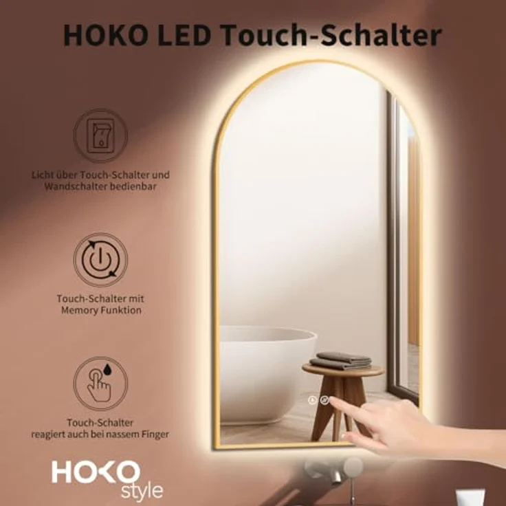 HOKO Badspiegel mit Beleuchtung und Antibeschlag, Gold/Schwarz, 50x90/60x100 cm, Touch-Sensor, wechselbare Lichtfarbe, feuchtraumgeeignet – Bild 2