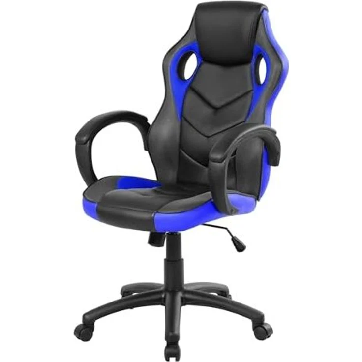 Dmora - Stuhl mit Rädern Caloundra, Gaming-Sessel für Erwachsene, Schreibtischstuhl, 66x61h104/114 cm, Schwarz und Blau – Bild 1