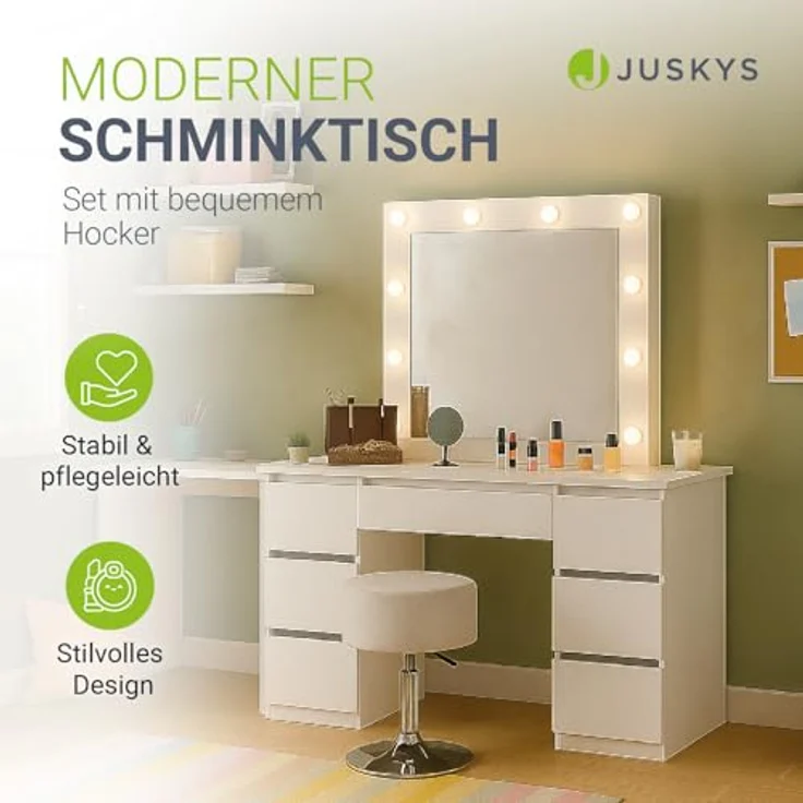Juskys Schminktisch Talea, Weiß, mit LED-Beleuchtung, 7 Schubladen und großem Spiegel, 110x141x40 cm – Bild 2
