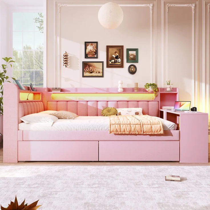 Stauraumbett mit gepolstertem Kopfteil, Schreibtisch und LED-Beleuchtung (140x200cm, Lattenrost, Regal, Schubladen, USB und Type-C), Doppelbett – Bild 3