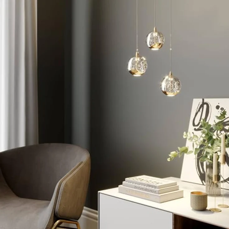 Lucande LED-Pendellampe Hayley, Ø 25 cm, 3-flg., gold, Blasenglas, für Esstisch – Bild 3