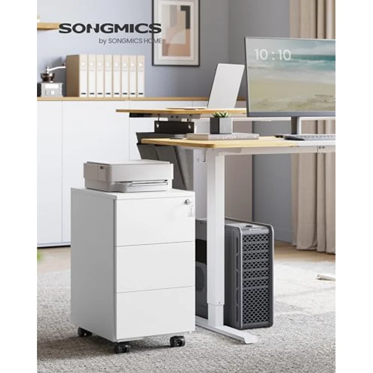 SONGMICS Schubladenschrank, Rollcontainer, mobiler Aktenschrank, Metallschrank, Druckertisch, abschließbar, 3 Schubladen, vormontiert, Büro, Homeoffice, 40 x 30 x 54 cm, mattweiß OFC079W01 – Bild 3