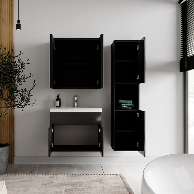 Badplaats Badmöbel Komplettset Montreal 60x35 cm Schwarz Hochglanz - Badezimmermöbel mit Waschbecken, Spiegelschrank und Badezimmerschrank – Bild 3