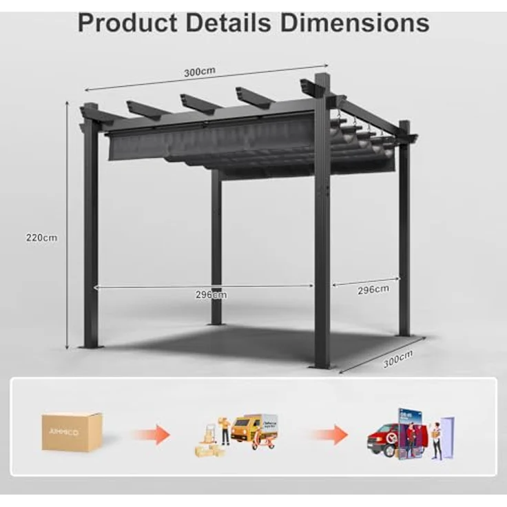 JUMMICO Aluminium-Pavillon, 3 × 3 m, verstellbare Aluminium-Markise, langlebig, freistehende Sonnenschutzvorrichtung für Terrassen und Gärten, schützt vor Sonne und Regen, Grau – Bild 3