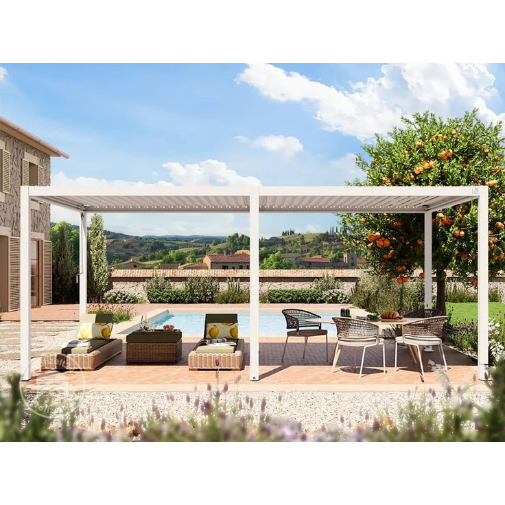PRIMEYARD Pergola 3x6 m Aluminium-Pfosten mit Lamellendach aus Stahl weiße Terrassenüberdachung – Bild 3