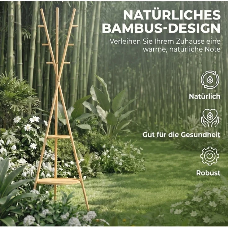 Garderobenständer mit 9 Haken und 2 Ablagen, 58,5×58,5×176 cm, Natur – Bild 3