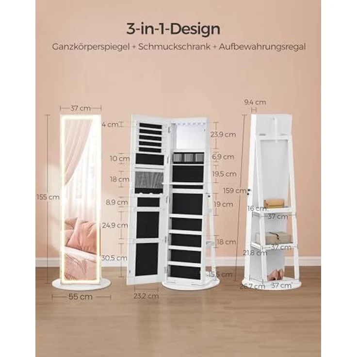 SONGMICS Schmuckschrank mit LED-Beleuchtung und Spiegel, Spiegelschrank, abschließbar, Spiegel mit Rahmen, einstellbare Helligkeit, platzsparend, Geschenkidee, wolkenweiß JJC008W03 – Bild 6