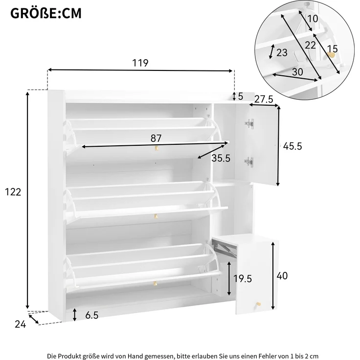 Großer Schuhschrank mit Sitzbank Weiß 119cm Breite Moderner Flurschrank Mit Kippschubladen Und Verstellbaren Böden Großer Stauraum Für Bis Zu 30 Paar Schuhe Garderobenschrank Mit Integrierter Sitzbank Und Kippsicherung, 119cmx24cmx122cm, Weiß – Bild 3