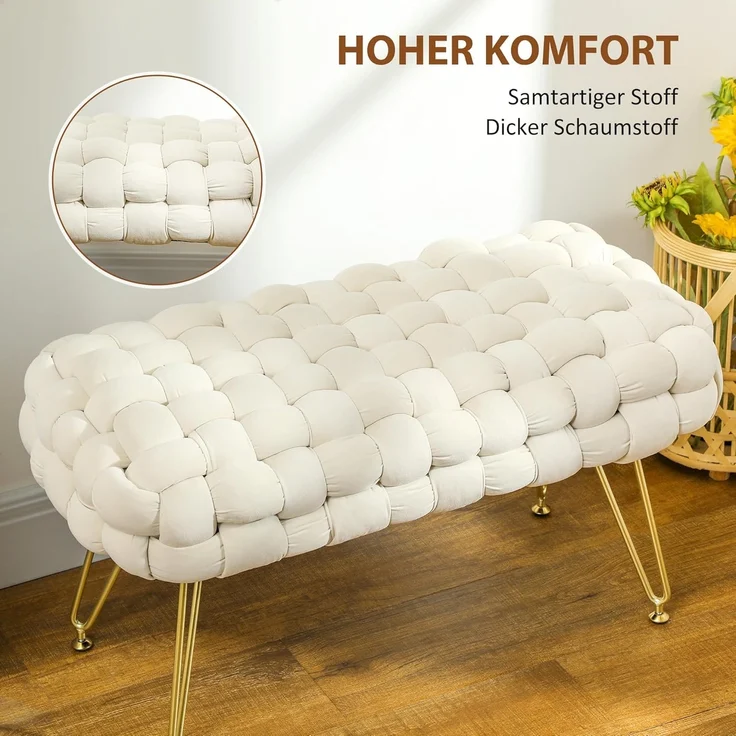 HOMCOM Fußhocker mit Samtoptik, gepolstertem Sitz, Metallbeine, Fußstütze (Sitzhocker, 1 St, Polsterhocker), für Wohnzimmer, Schlafzimmer, 76 x 38 x 41,5 cm, Cremeweiß – Bild 6