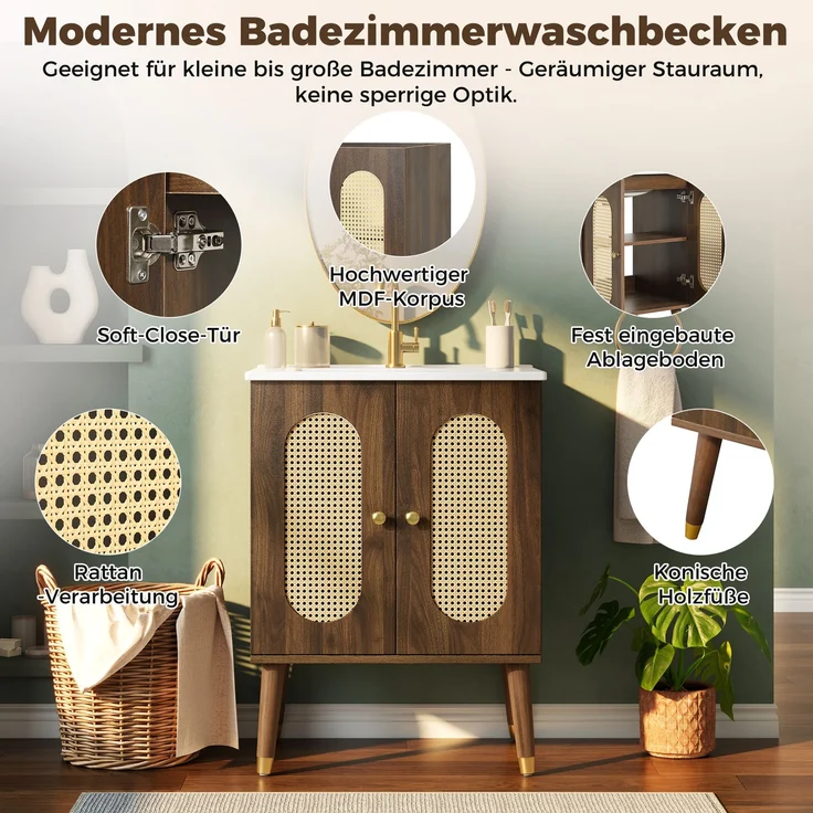 Waschbeckenunterschrank 61 x 47 x 89 cm aus MDF mit Keramikbecken und Rattan-Doppeltüren – Bild 6