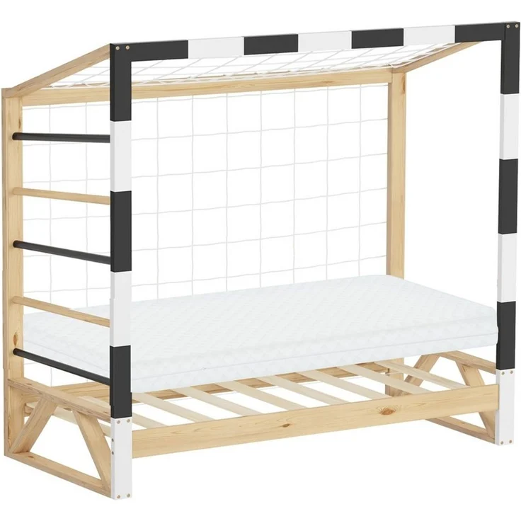 ML-DESIGN Spielbett Kinderbett Fußballtor Holzbett mit Lattenrost Kletterleiter & Netz, Abenteuerbett 70x140cm Natur Handballtor aus Kiefernholz mit Matratze – Bild 5
