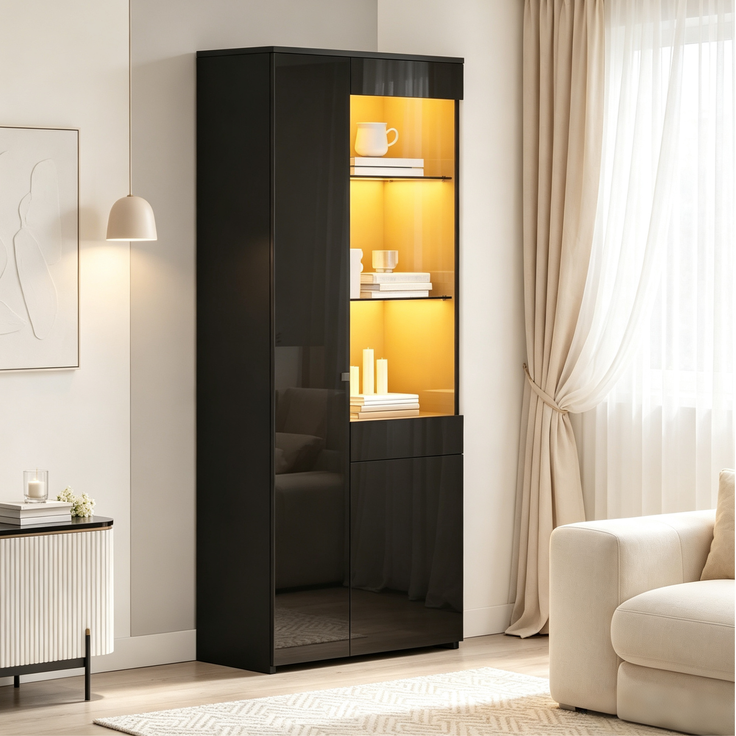 DESVIAE Vitrine Schwarz aus Spanplatte – 70x180x35 cm – LED-Beleuchtung, Schublade – Bild 2