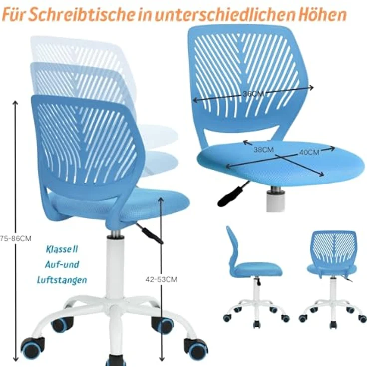 FurnitureR Campinghocker ergonomisch, höhenverstellbarer Drehhocker ohne Armlehnen, Netzrückenlehne, Sitzfläche 38x40cm, 32cm Rückenlehne, Metallfuß, 130kg Tragkraft, Blau – Bild 2