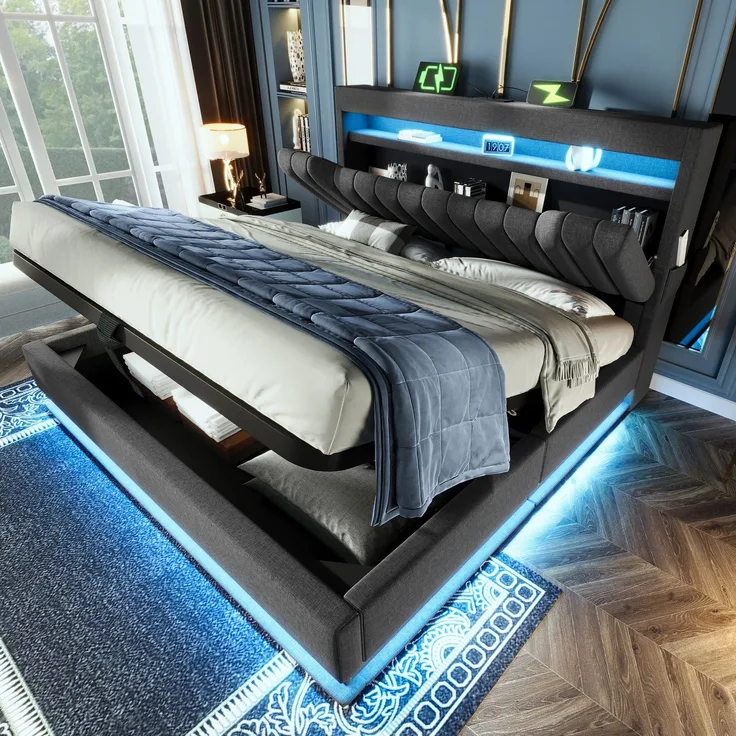 EINHOM Polsterbett Einzelbett 160 x 200 cm, Stauraum-Kopfteil mit USB- und Typ-C-Anschlüssen, LED-Beleuchtung am Kopf- und Fußende des Bettes, mit Hydraulischem Stauraum, Leinen, Grau (Ohne Matratze)