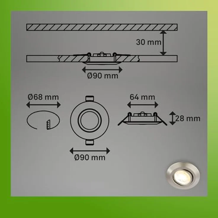 BRILONER - 3er Set LED Einbaustrahler 230V Gehäuse 50% recycelt, Dimmbar, Schwenkbar, Ra90, Farbtemperaturwechsel, LED Spot, flach, Deckenspots, Einbauleuchten, 90x24mm (DxH), Matt-Nickel – Bild 10