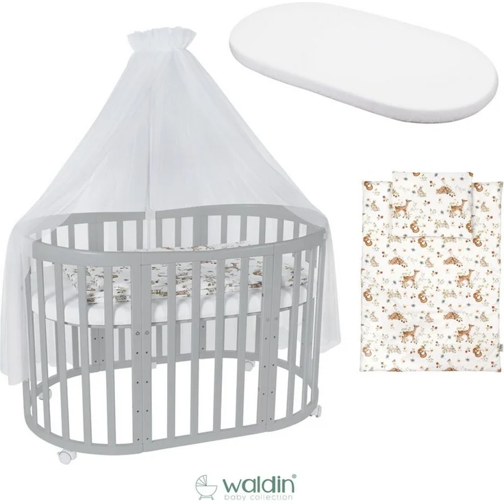 Waldin Babybett Mobiles Babybett OWAL aus Holz 7in1 mit Matratze, mitwachsend – Bild 2