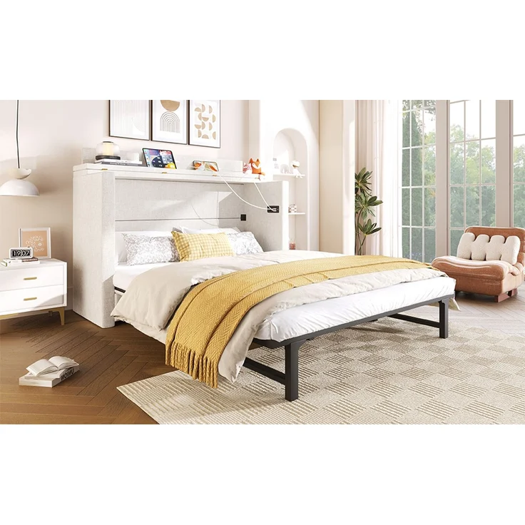 ZUBALIYA Umbaubares Plattformbett / Schrankbett, mit einer Schublade und mobiles Schrankbett mit Ablagefach am Bett, 140 x 200, Leinen, Beige, fürs Schlafzimmer, Samt – Bild 18