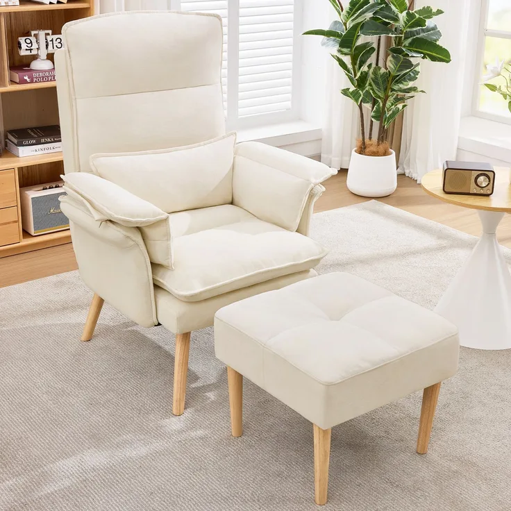 Merax Relaxsessel mit Hocker, 5-fach verstellbarer Liegesessel, gepolsterter Lesesessel & Fernsehsessel mit Kopf- und Armlehnenkissen, Polstersessel mit Holzbeinen, Beige