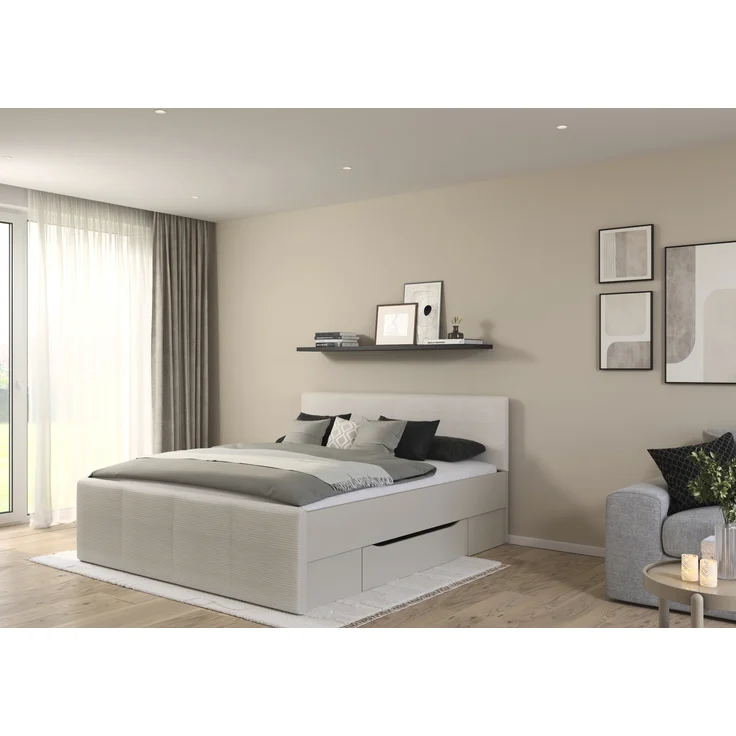 rauch Bett Holga, Polsterbett, mit Polster-Kopfteil, mit 2 Sockelschubkästen für mehr Stauraum, Farbe Webstoff Ivory/Champagner, Beige, Liegefläche 180x200cm – Bild 1