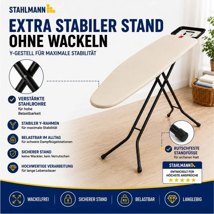STAHLMANN Bügelbrett Granada [120 × 38 cm], TestCheck 1,1 SEHR GUT, Turbobezug, Bügelfläche 120x38 cm – Bild 2