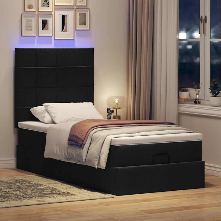 vidaXL Ottoman-Bett mit Matratze & LEDs Schwarz 90x200 cm Stoff 3313977 – Bild 3