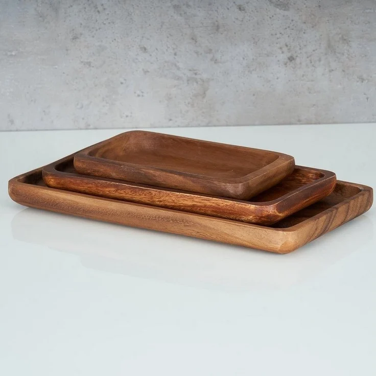 Levandeo® Dekotablett, 3er Set Tablett rechteckig Holz Akazienholz Holzschale Snackschale – Bild 3