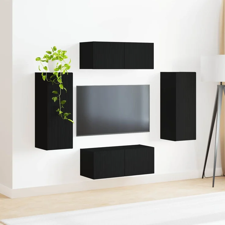 vidaXL TV-Wandregal-Set Wandmontiert 4 pcs Schwarz Holzwerkstoff 3408917 – Bild 4