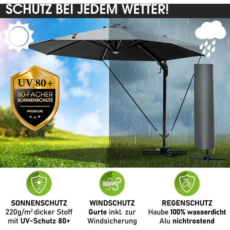 BRAST Alu Sonnenschirm Ampelschirm Ø360cm Grau + LEDs Windsicherung & Schützhülle UV-Schutz 80+ wasserabweisend mit Kurbelvorrichtung drehbar schwenkbar & höhenverstellbar – Bild 4