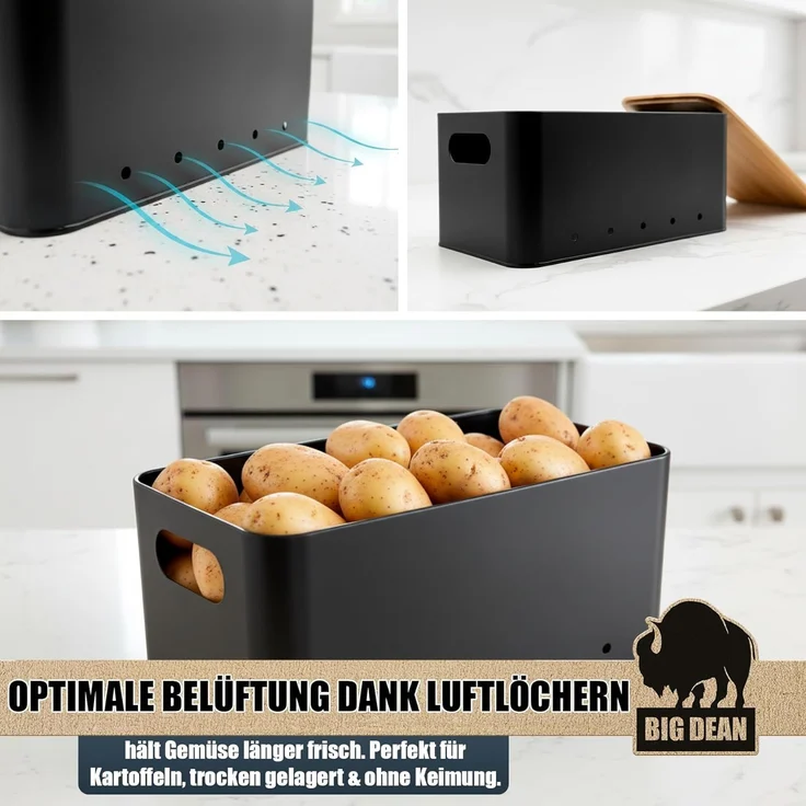BigDean Kartoffelkiste 3er Set Kartoffel Aufbewahrungsbox für Kartoffel, Zwiebel & Knoblauch (Set, 6 St, Gemüseboxen), Stapelbar, Robuster Verzinkter Stahl, Belüftet, Rutschfest – Bild 4