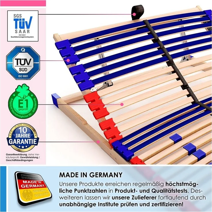 stabiler Lattenrost 100% BUCHE Lattenrahmen - Kopfteil verstellbar - SCHULTERFRÄSUNG, 7 Zonen, 42 Federleisten, Härte-Regulierung, Mittelgurt - VARIO SLEEP BEST 42® unmontiert (70x190 cm) – Bild 3