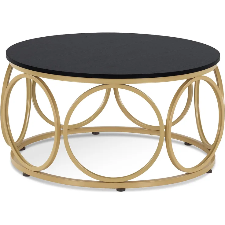 M MCombo Couchtisch Rund Holz, Modern Sofatisch Schwarz-Gold, Klein Kaffeetisch Metallgestell, Beistelltisch für Wohnzimmer, Durchmesser 80cm, 2102