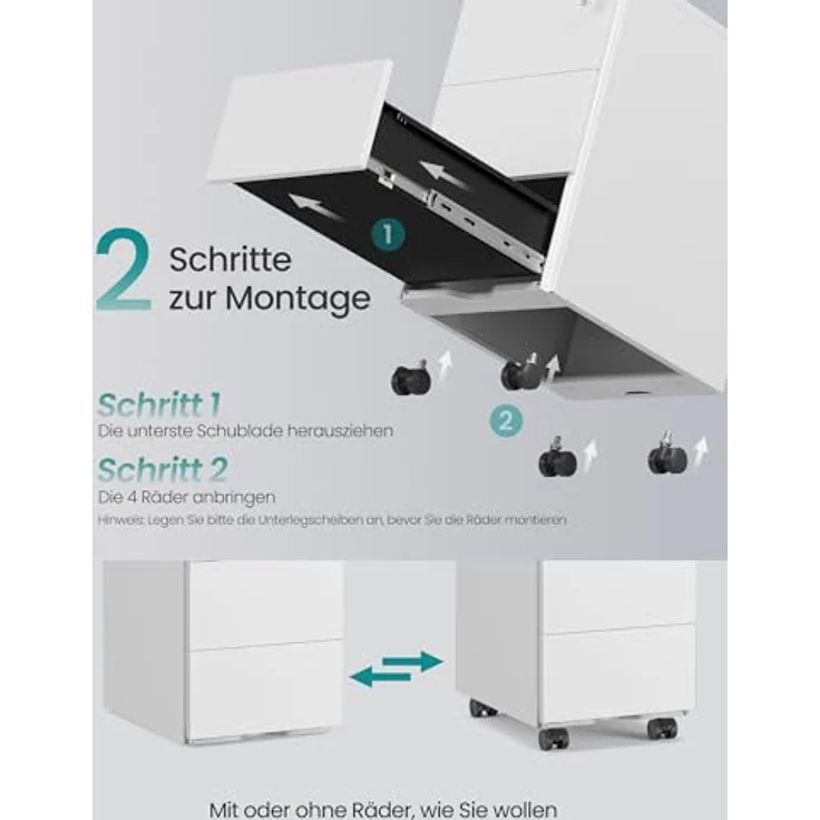 SONGMICS Schubladenschrank, Rollcontainer, mobiler Aktenschrank, Metallschrank, Druckertisch, abschließbar, 3 Schubladen, vormontiert, Büro, Homeoffice, 40 x 30 x 54 cm, mattweiß OFC079W01 – Bild 8