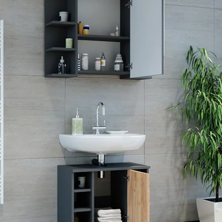 Vichy Badmöbelset Fynn, Waschbeckenunterschrank und Spiegelschrank in Anthrazit/Goldkraft Eiche, 2 Teile – Bild 5