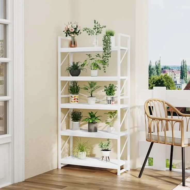 YITAHOME Bücherregal mit 5 Ebenen, Großes Standregal, Holzregal und Metallrahmen, Industrieregal, Bodenstehendes Lagerregal, für Wohnzimmer, Home Office, Weiß Regal – Bild 7