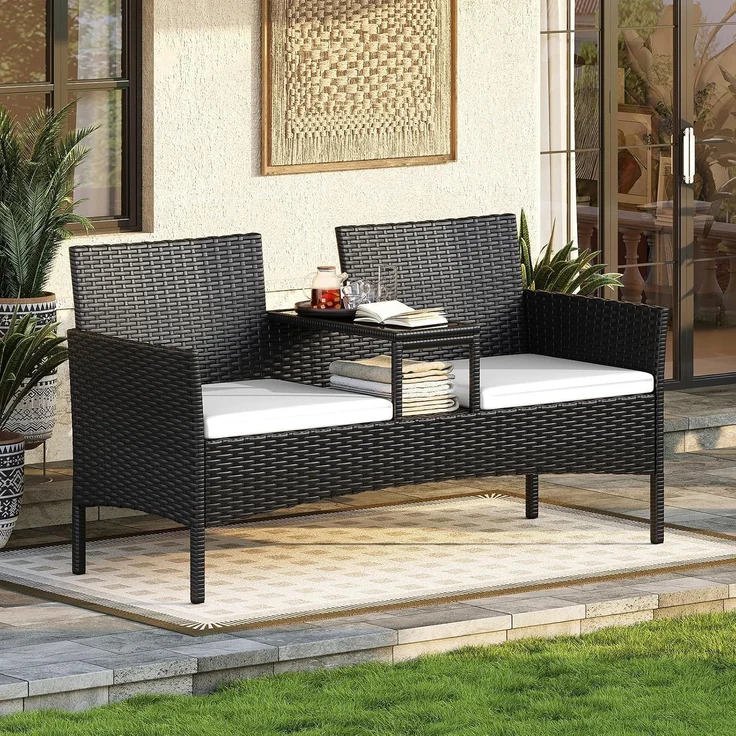 Aoxun 2-Sitzer-Gartenbank aus Rattan, extrabreite Outdoor-Zweisitzerbank mit seitlichem Ablagetisch 144x62x80cm, bequemes Terrassenmöbel-Set mit Kissen und Regenschutz für Garten, Balkon, Cremefarben – Bild 1