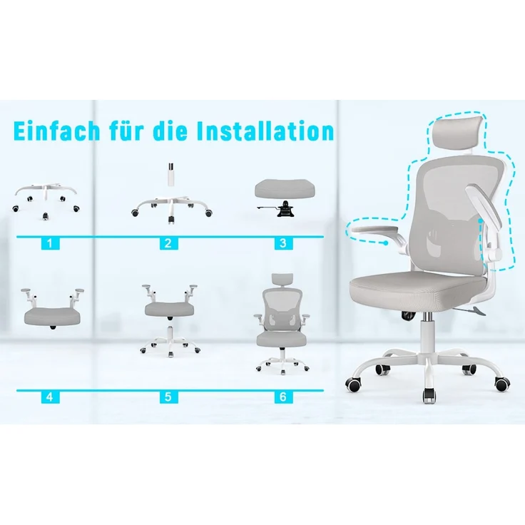 Botifly Ergonomischer Bürostuhl mit Kopfstütze, Mesh-Gewebe, Grau, 90°-120° Wippfunktion, 10 cm Höhenverstellbar, mit Lendenwirbelstütze, 52 x 26 x 57 cm – Bild 10