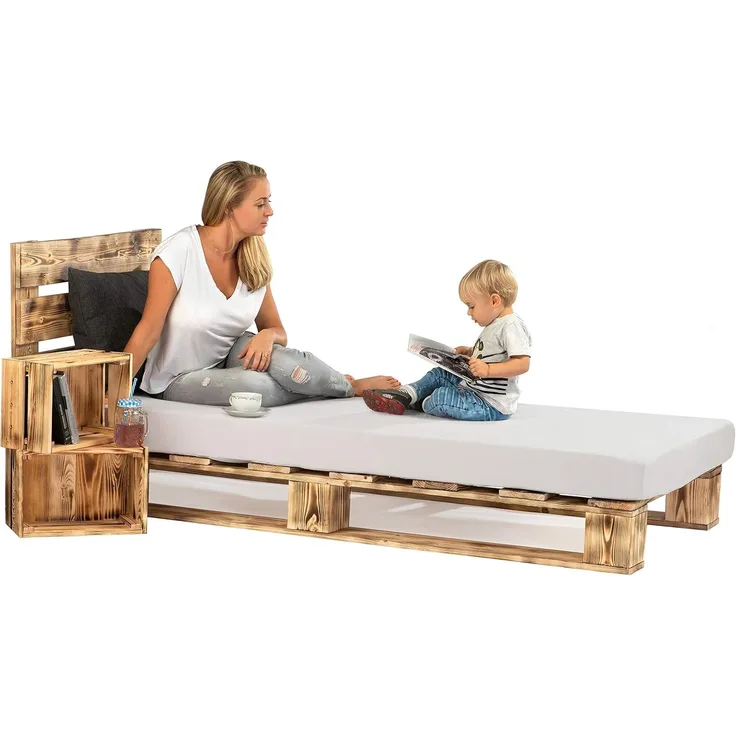 sunnypillow 100x200 cm Palettenbett mit Kopfteil Holzbett Massivholzbett Bett aus Paletten Palettenmöbel Geflammt Vintage europalette 80 90 100 120 140 160 180 200 220 240x200 cm