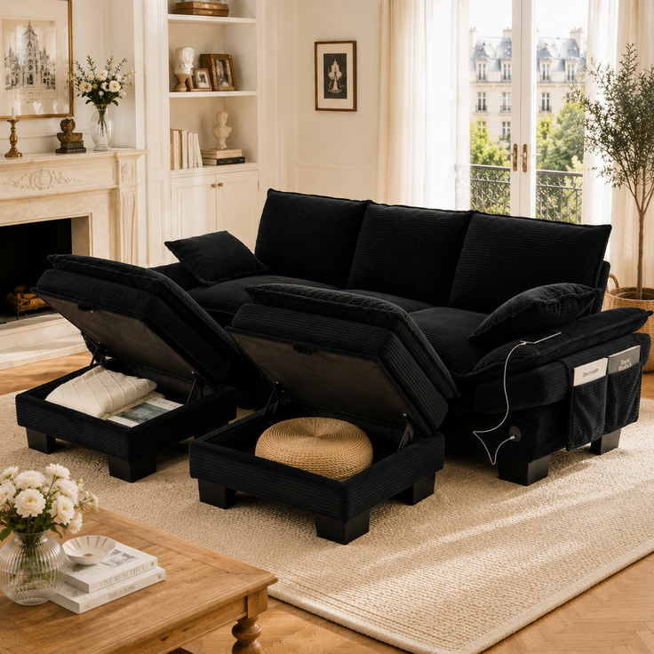 EINHOM Modulares 3-Sitzer Cordsofa (mit 2Hocker) – breite Sitzfläche, ergonomisches Design, hochdichte Schaumstoffpolsterung, USB-C-Anschluss und Seitentaschen. Ideal für Wohnzimmer, Büro oder Lounge. Schwarz