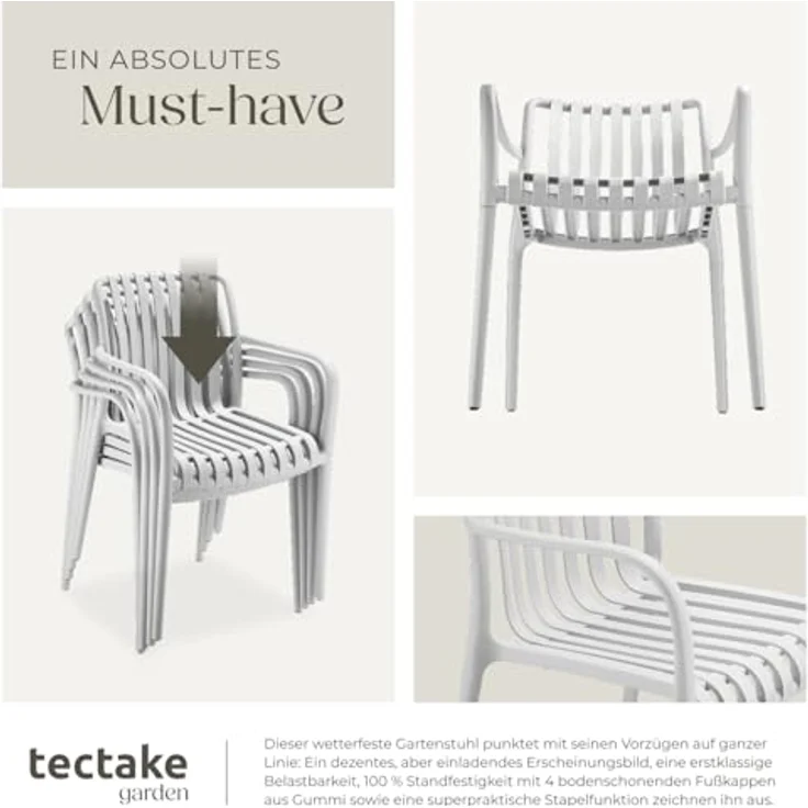 tectake® Gartenstühle stapelbar, Gartenmöbel Set, Balkon Möbel, Bistro Set, Sessel, Outdoor Möbel, Balkonmöbel, Terrassenmöbel - weiß, 4er Set – Bild 7