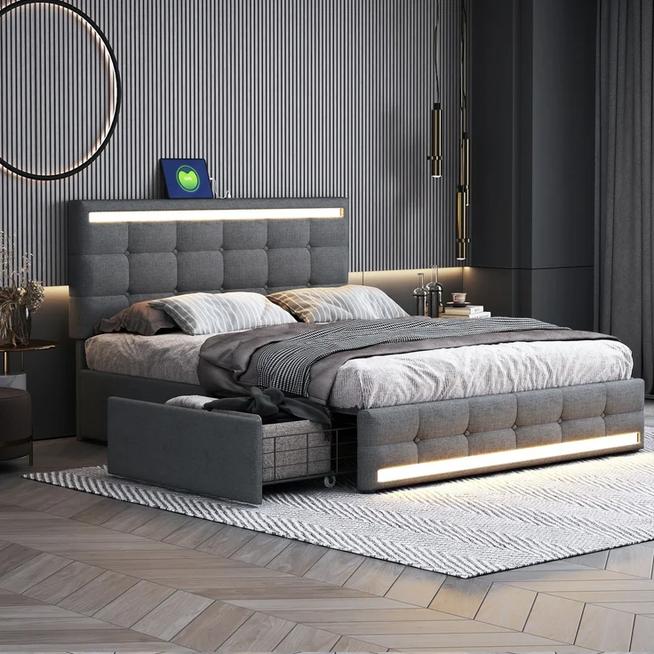 Polsterbett 140x200 cm LED Beleuchtung mit USB & Stauraum, modernes Doppelbett mit Leinenstoff Grau – Bild 7